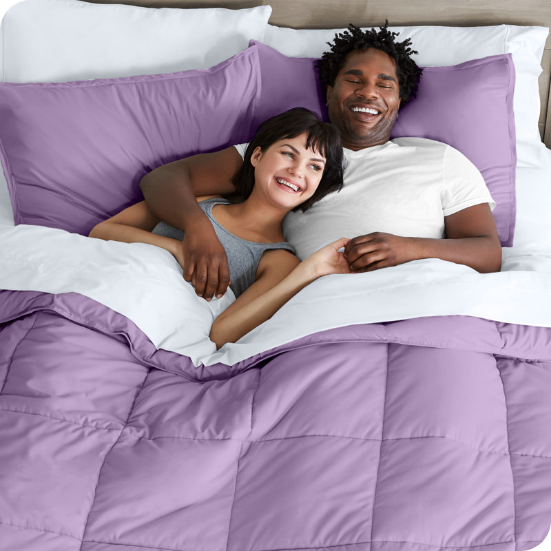 Lit dans un sac en microfibre 1800 de qualité supérieure 1800, Édredon simple + 4 pièces supplémentaires, Lavande / blanc