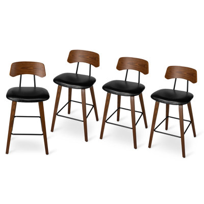 Set Of 4 Mid-Century Modern Black Leatherette Bar Stool With Walnut Bentwood Frame And Backrest -  Corrigan StudioÂ®, 18D5E949ED95476CA73B2C052C439A2E