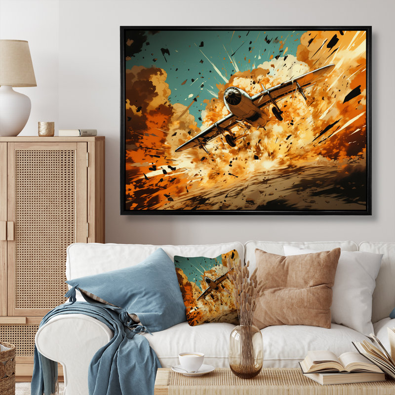 Avion qui décolle en pleine action sur toile, H 30 po x l 40 po x P 1,5 po, Cadre flottant noir
