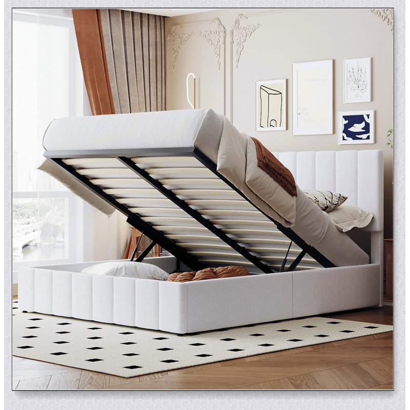 Lit plateforme tapissier avec système de rangement hydraulique, Blanc, Grand