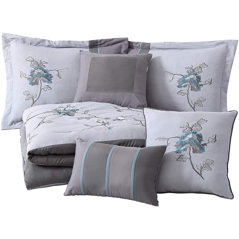 Vienna 7-Piece Floral Embroidered Comforter Set , California King Comforter + 2 King Shams, Burgundy/Taupe/Brown