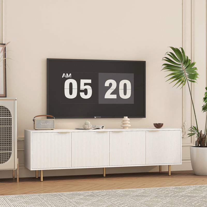 Modern White Tv Stand With Storage, 68" Fluted For 55+ Inch Tv, Entertainment Center Power Outlet, Console Media Cabinet Living Room 70-79 Shelves,