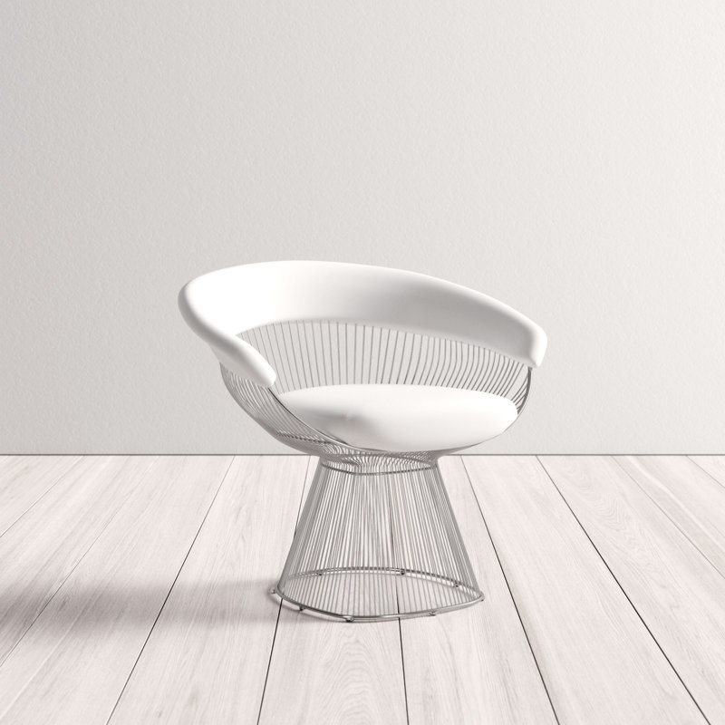 Pangea Home Fern Modern White Faux Vegan Leather Accent Chair with Silver Metal Wire Base – Contemporary Armchair for Living Room or Dining Space