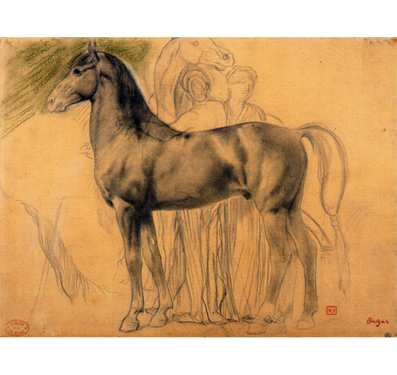 Étude d'un cheval avec des personnages, H 28 po x l 37 po