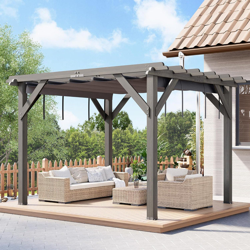 Pergola en bois 10 x 12 pi, structure solide avec auvent rétractable pour patio et jardin