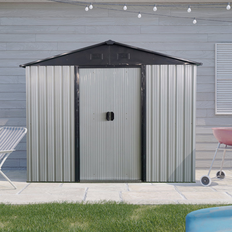 Remise de rangement extérieure en métal 8 pi x 4 pi avec porte coulissante et fondation, H 74,75 po x l 93 po x P 51,75 po