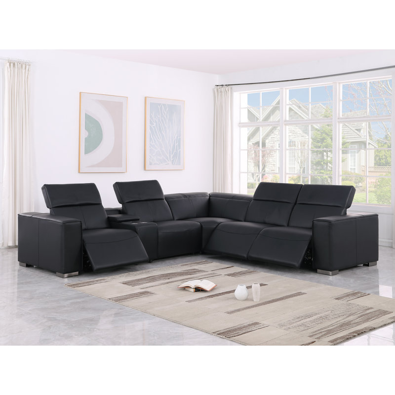 Luxurious Genuine Leather 6-Piece Sectional With 3 Power Reclining Seats & Power Headrest, Black