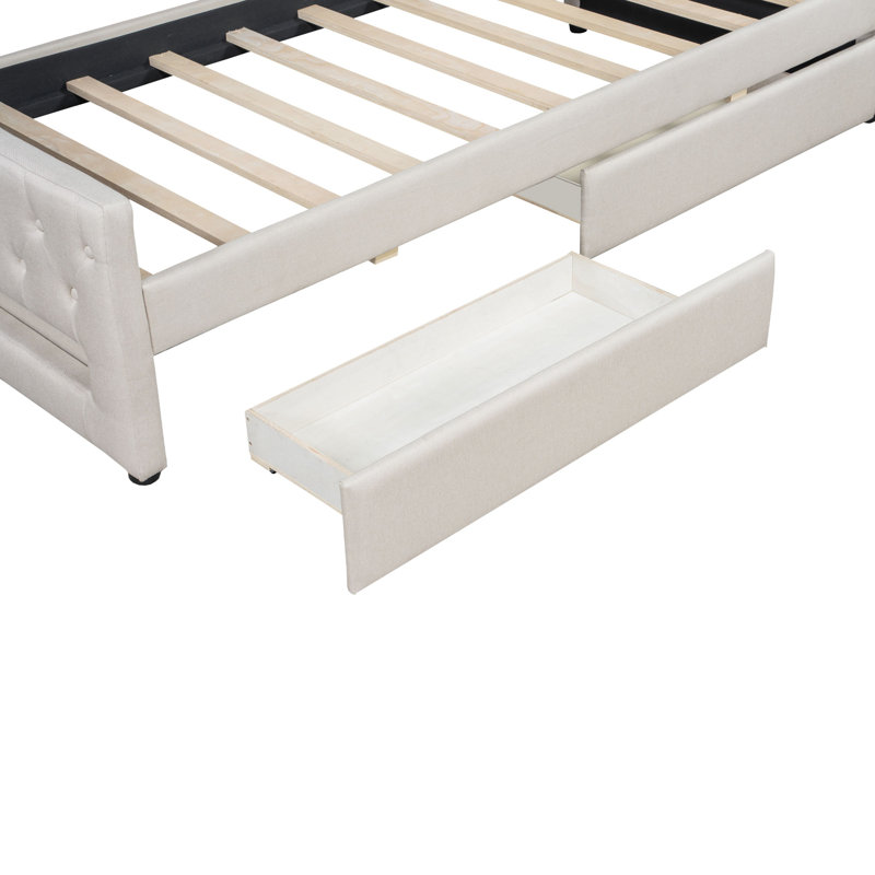 Upholstered Daybed with LED Belt and Trundle, Beige, Twin