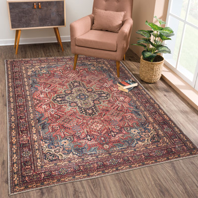  Washable Non-Slip Rug - Red/Teal Blue/Yellow Traditional Medallion Area Rug for Living Room, Bedroom, Dining Room, and Kitchen