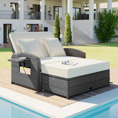 PE Wicker Rattan Double Chaise Lounge, 2-Person Reclining Daybed with Adjustable Back and Cushions