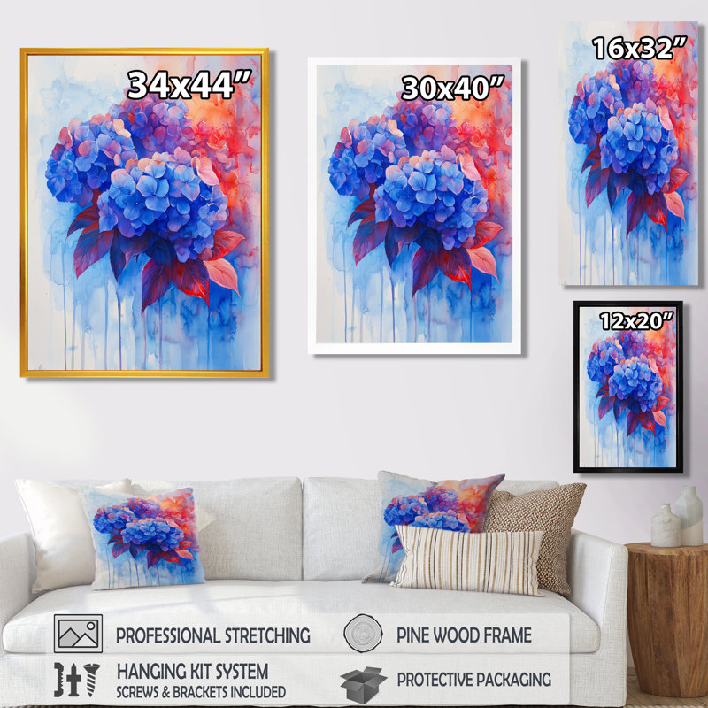 Hydrangées bleues et rouges dans un style graffiti, Hortensia I - hydrangées, art mural, H 44 po x l 34 po, Blanc