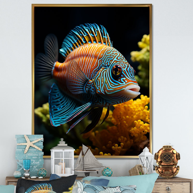 " Corals Butterflyfish Aquamarine Adventure ", Gold Floater Framed, 32" H x 16" W