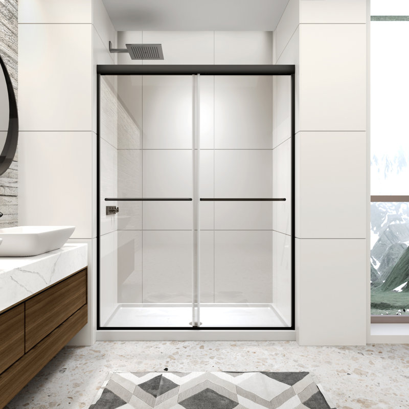 50-54" W x 70" H Framed Shower Door Double Sliding Door with 1/4" (6mm) Clear Tempered Glass, 2 Towel Bars for Walk-in Bathroom, Matte Black Finish Shower Doors, Reversible Installation