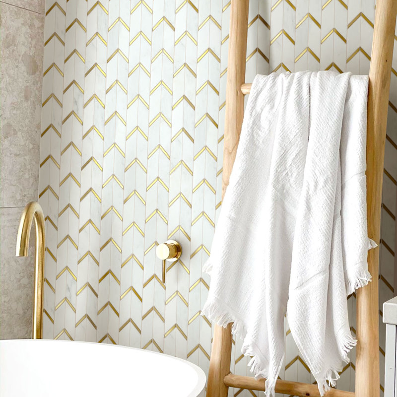 Natural Bianco 1" x 2" Herringbone / Chevron Mosaic Wall Tile, White/Gold