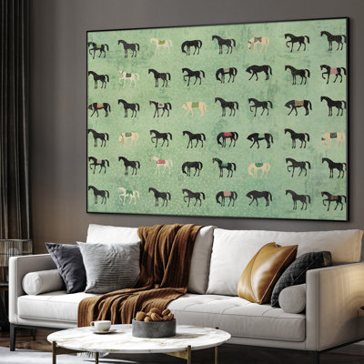 Très grand imprimé mural d'art sur toile - Motif de cheval vert fantaisiste, décor de chambre d'enfants équestre pour le salon ou la chambre à coucher - «Assemblage requis du cadre (cadre non fini)»