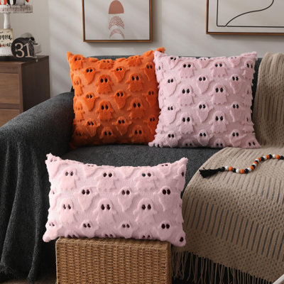 Housses de coussin d'Halloween 50x50 cm (lot de 2) - Fantôme bleu - Décoration d'Halloween - Ensemble de 2 housses de coussin décoratives en fausse fourrure et laine - Idéal pour fauteuil, canapé, chambre, salon et décoration intérieure
