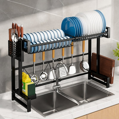 Over The Sink Dish Rack 1-Pack, Single Layer Adjustable Dish Drying Rack with Knife Holder, Cutting Board Slot, Retractable Kitchen Countertop Organizer, Black