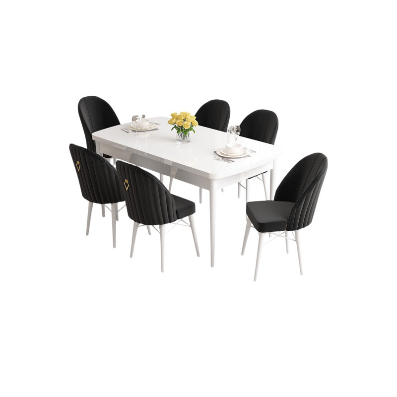 Ensemble de table et chaises de salle à manger extensible Modern 7 pièces, blanc et noir, 51,2 x 31,5 x 30,7 pouces | 100% panneau de fibres à densité moyenne avec pieds en bois, structure de chaise en métal, tissu Babyface | Sièges confortables avec mousse 22/28, idéal pour les réunions de famille
