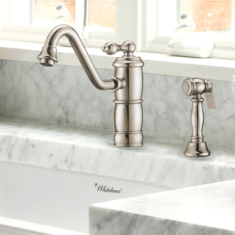 Whitehaus 9.5" solid brass deck mount single-hole kitchen faucet with lever handle and side spray, Polished Nickel