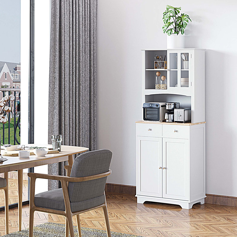 Buffet de cuisine 67 po avec huche, garde-manger avec support à micro-ondes, tablette réglable, 2 tiroirs