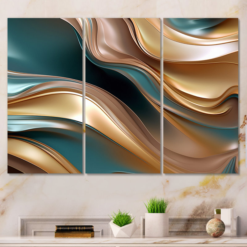Tender Wave Harmony, or liquide et turquoise II - ensemble de reproductions d'art sur toile abstraites