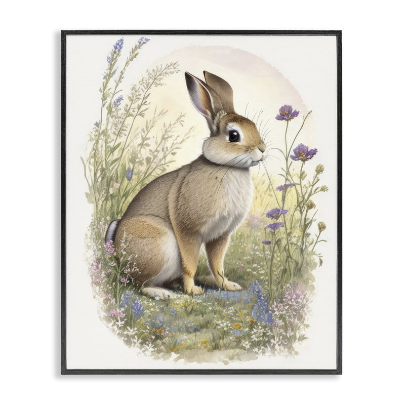 Lapin avec prairie fleurie, estampe numérique par Denise Dundon, Noir, H 14 po x l 11 po