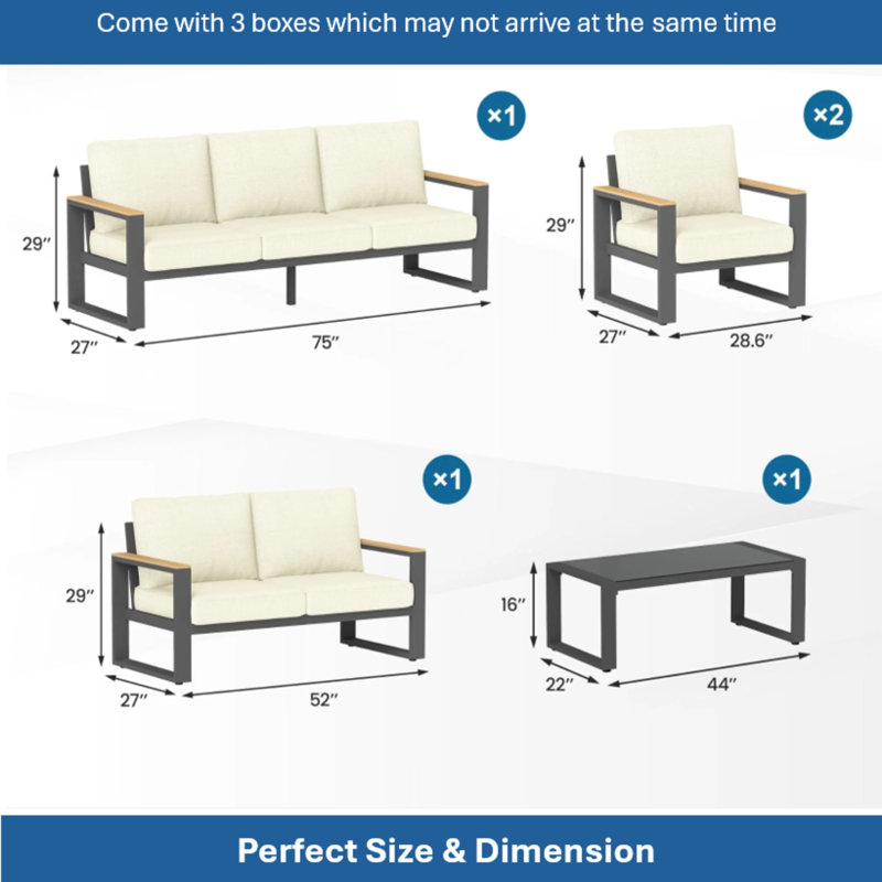 Ensemble de meubles de patio 5 pièces en aluminium ultra résistant aux intempéries, canapé de conversation 7 places avec coussins de dossier beiges extra épais de 10 pouces et table en verre