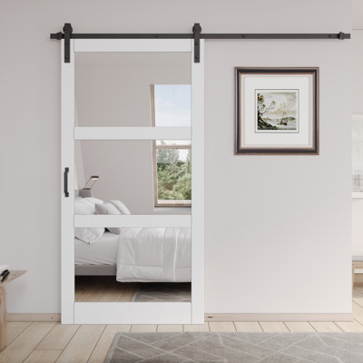 Solid + Manufactured Wood Two Sided Glass Mirrored Barn Door with Hardware Kit