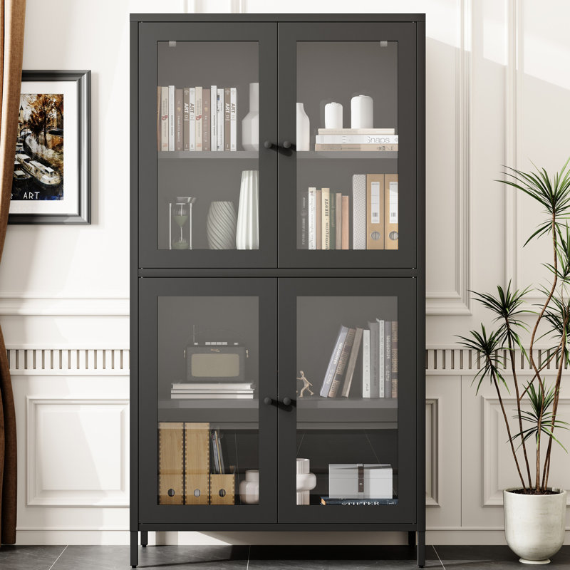 Vitrine en métal noir avec tablettes réglables pour portes de couloir en verre trempé à 4 tablettes -