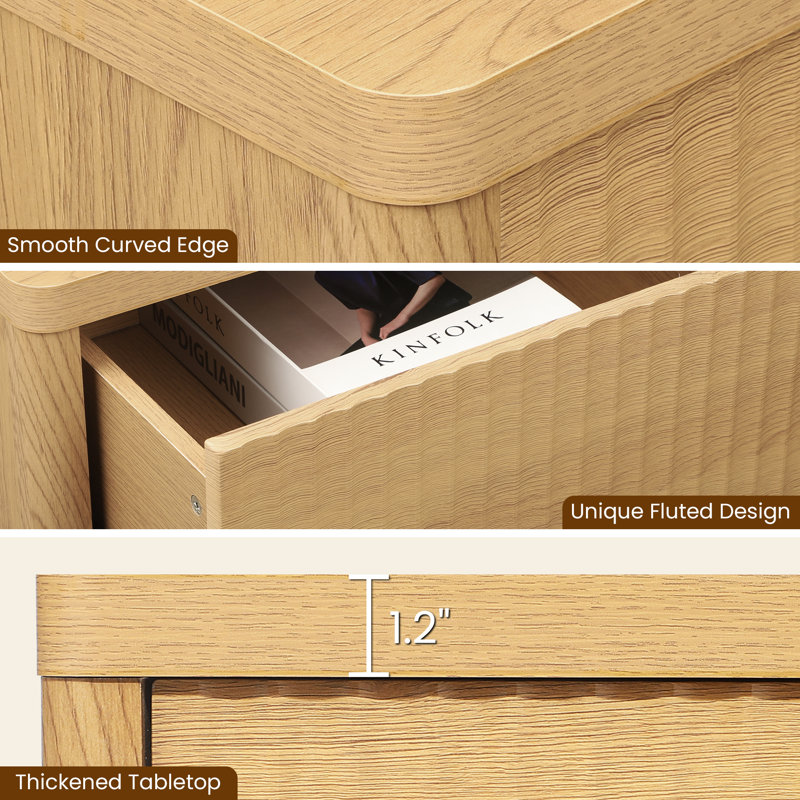 Natural Oak Fluted Nightstands with Drawer Storage and Metal Legs