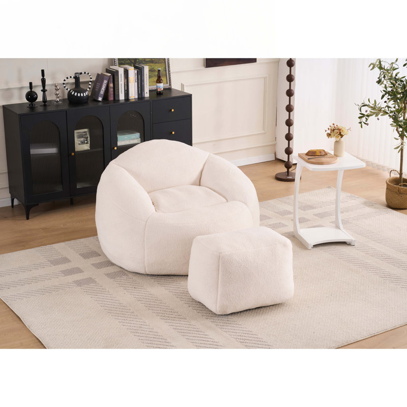 Fauteuil à billes en chenille avec repose-pieds, Chenille Tedy blanche