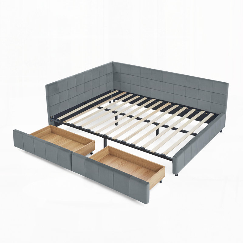 Structure de lit capitonnée avec rangement, dossier de canapé avec dossier confortable et accoudoirs, Grey, Grand