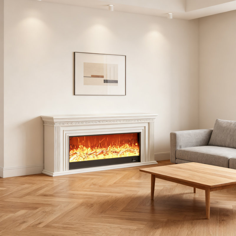 French Cream Retro Style Oak Fireplace Cabinet in White/Black, Villa Living Room Integrated Simulated Flame Heating TV Stand & Entryway Console