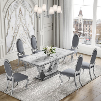 7-Piece Dining Table Set, Marble-Print MDF Table with Velvet & PU Dining Chairs, Stainless Steel Base – Seats 6