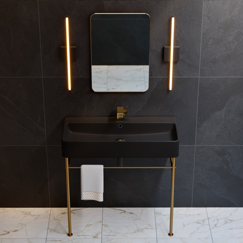 Lavabo console en céramique Claire, Noir et or, H 35 po x l 16,31 po x L 35,38 po