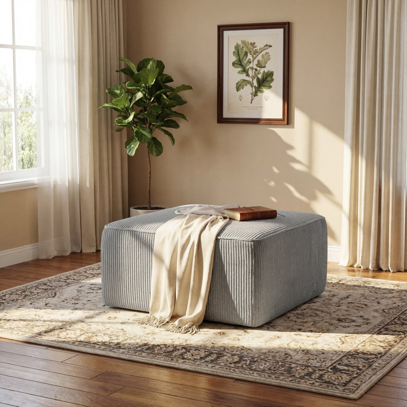 Orrey Upholstered Ottoman, Light Blue Corduroy, 15" H x 29.7" W x 29.7" D