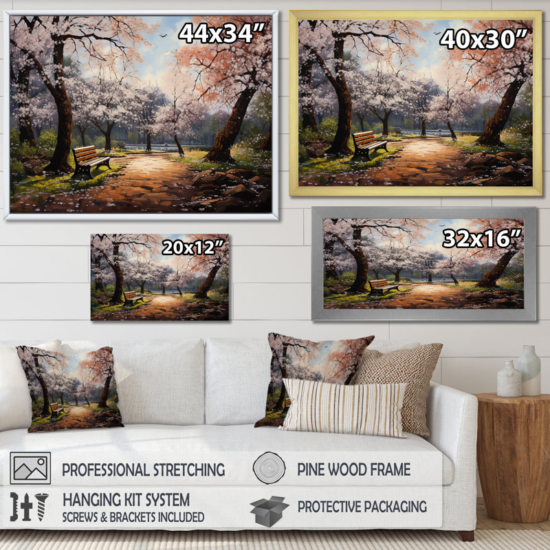 «Pink Springtime Park Floral Canopy II», art mural sur toile, Cadre de coin blanc fermé, H 16 po x l 32 po x P 1 po