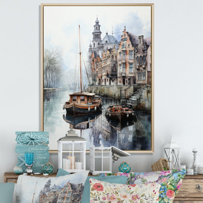 «Beige Canal Reflections» en monochrome sur toile