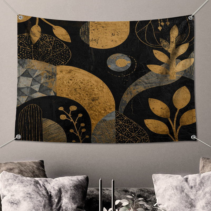Tapisserie murale abstraite botanique dorée noire - Décoration murale botanique, H 68 po x l 80 po avec 4 œillets