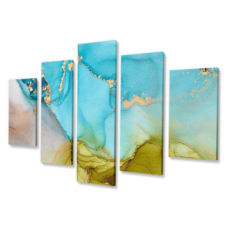 DesignArt Blue And Green Luxury Abstract Fluid Art I On Canvas 5 Pieces ...