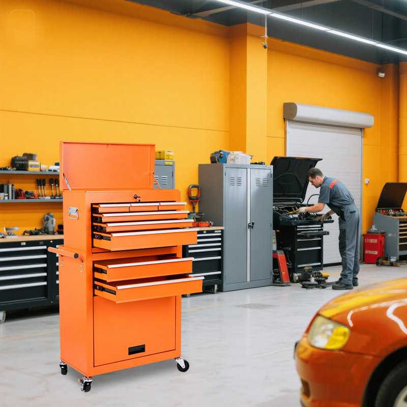 Coffre à outils, armoire de rangement à outils à 8 tiroirs avec coffre à outils amovible 2 en 1, doublure, roues verrouillables, crochets latéraux, chariot à outils en métal pour le garage