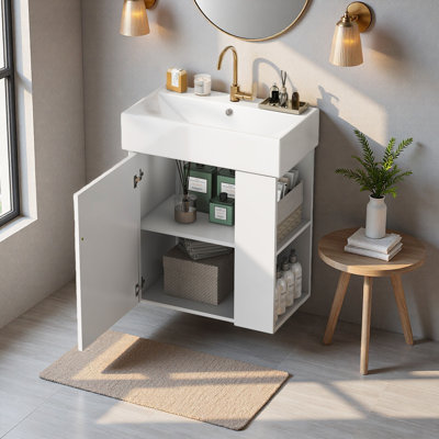 21.6" Modern Wall-Mounted Single Bathroom Vanity with Ceramic Top and Right Side Storge