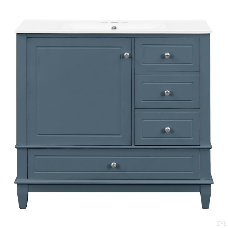 Meuble-lavabo de 36 po avec lavabo en céramique, panneau de fibres à densité moyenne et base en bois massif, 3 tiroirs et armoire avec tablettes, finition peinte gris-bleu, meuble-lavabo autoportant avec trous de robinet de 4 pouces
