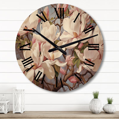 Whte Pink Magnolias Magnolia Harmony - Floral Oversized Wood Wall Clock