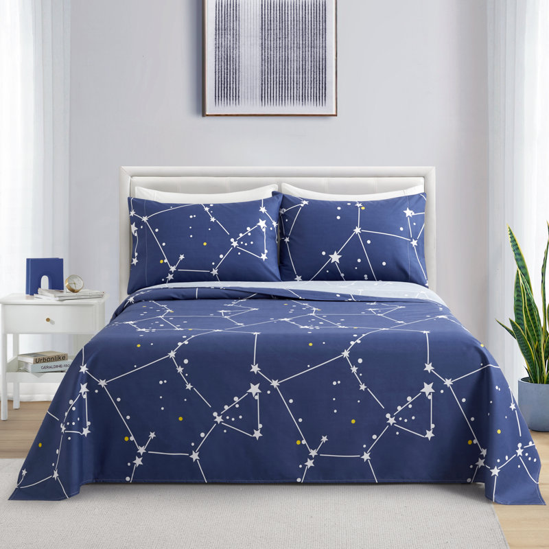 Marina Decoration Home Decor Bedding Bedroom Bedsheet Soft Silky Deep Pocket Rayon from Bamboo All Season 6 Pieces Printed Sheet Set with 4 Pillowcases, Navy Blue Asterism Pattern King Size