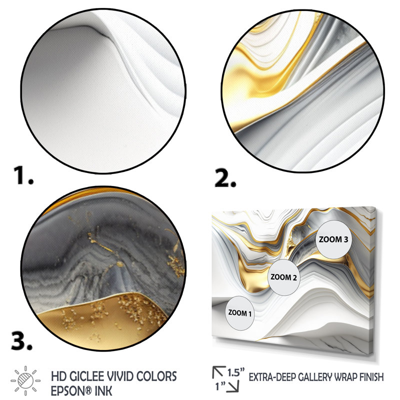 «Abstract Geode Waves Grey V», reproduction sur toile, H 12 po x l 20 po x P 1 po, Toile avec cadre flottant or
