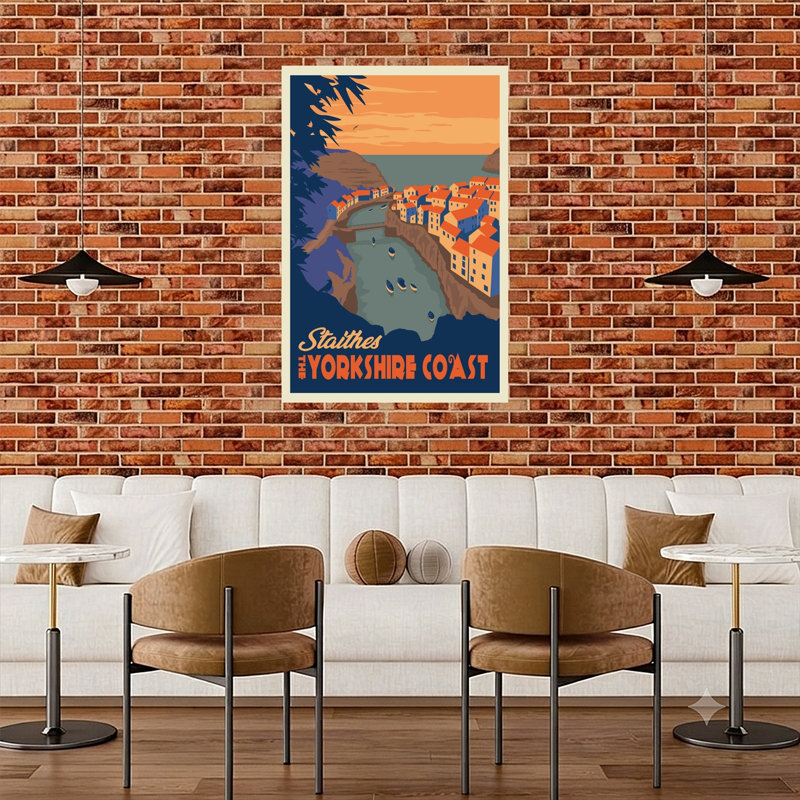 Staithes, Yorkshire, vue côtière, affiche murale abstraite rétro vintage représentant un paysage côtier, H 48 po x l 32 po