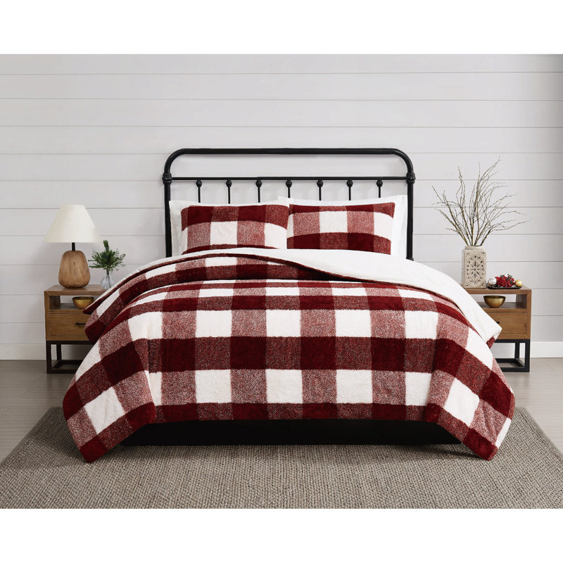 Cannon Cozy Buffalo Check Comforter Set, Burgundy Plaid, King Comforter + 2 King Shams