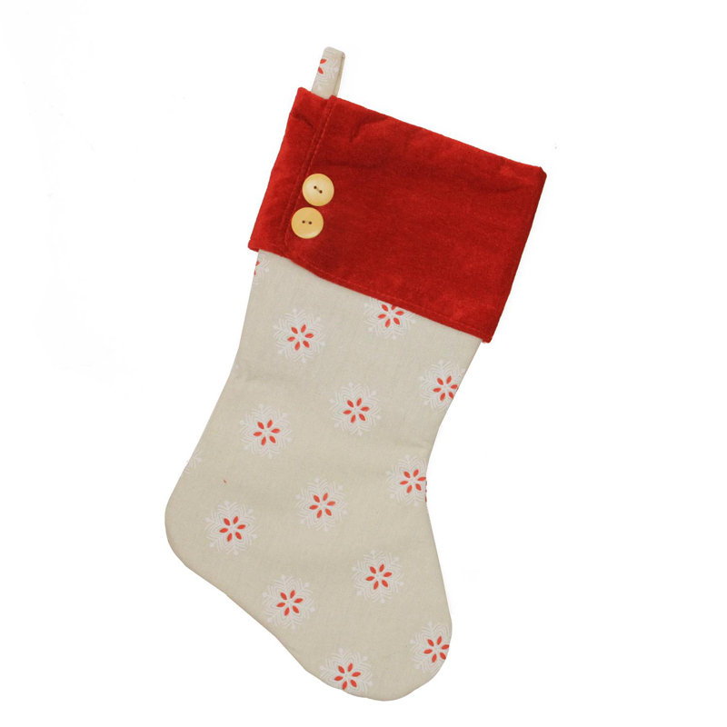 Chaussette de Noël 18,75 "beige avec flocons de neige rouges et blancs brodés