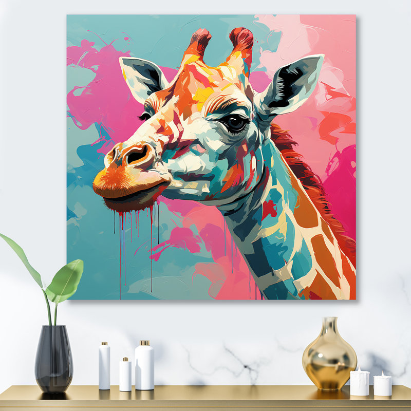 Portrait de girafe rose et vert, H 29 po x l 29 po x P 1,5 po